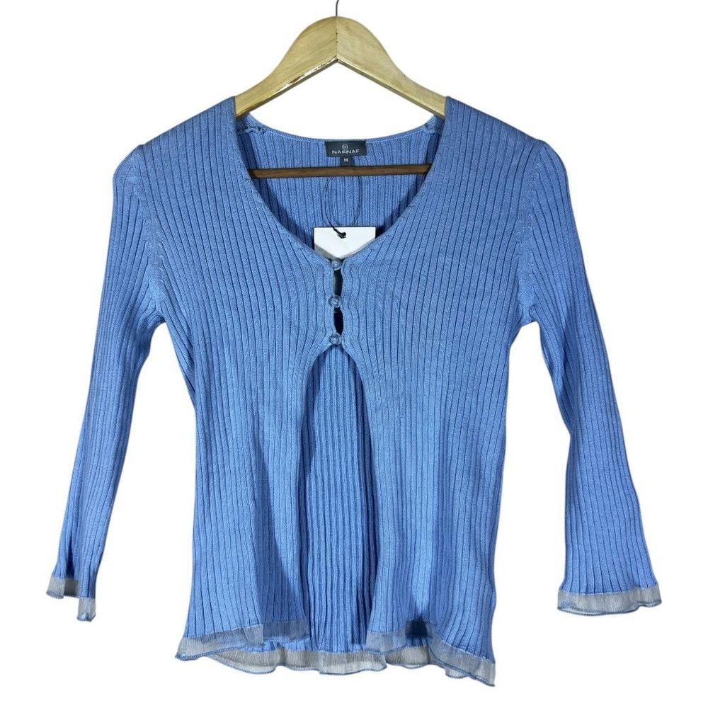 NWT Naf Naf Y2K Ribbed Knit Button Front Cardigan Blue Cotton Mesh Trim Size M